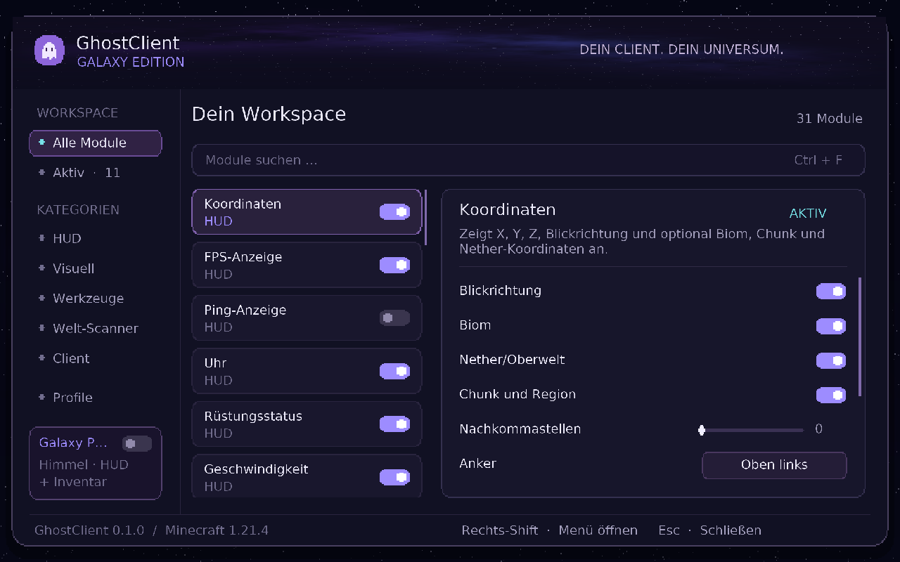GhostClient Galaxy-Menü im Minecraft-Client mit Modulauswahl und Einstellungen